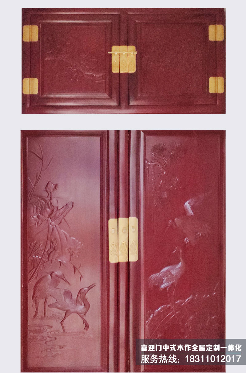 中式衣柜上面的纯实木雕花板雕刻的仙鹤