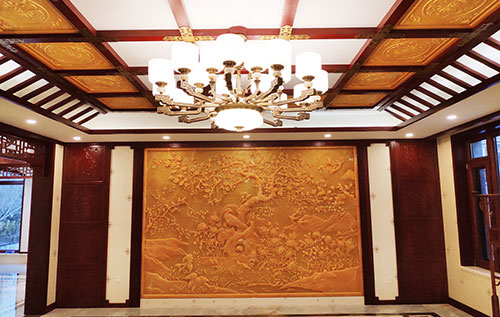 重庆中式别墅客厅中式木作横梁吊顶装饰展示